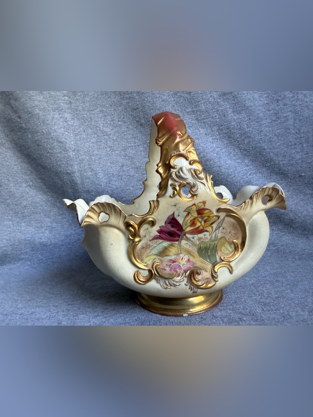 Decorative Ceramic Basket with Cream Base and Gold Accents